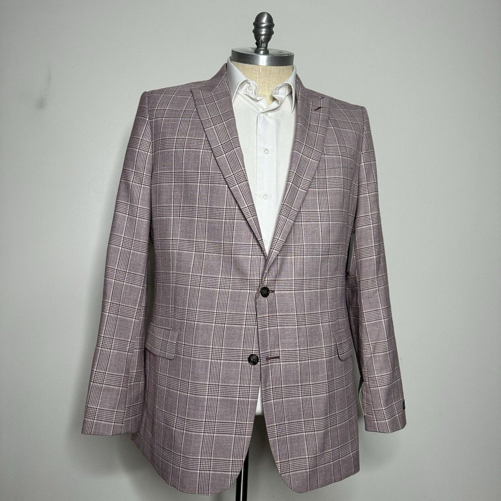 Stafford Classic‎ Fit Blazer Sport Coat 48L Check Glenn Plaid Plum Pink NWT